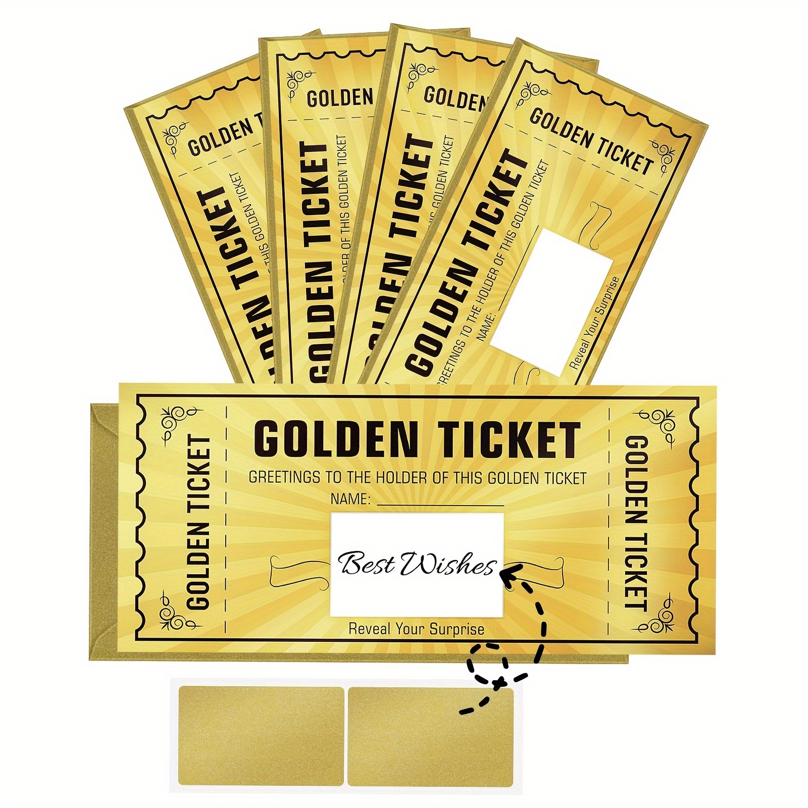 

5 Sets Golden Ticket With Envelope, Card Surprise Gift Reveal, Card As Birthday Card Wedding Card Concert Ticket Cinema Voucher Raffle Gift