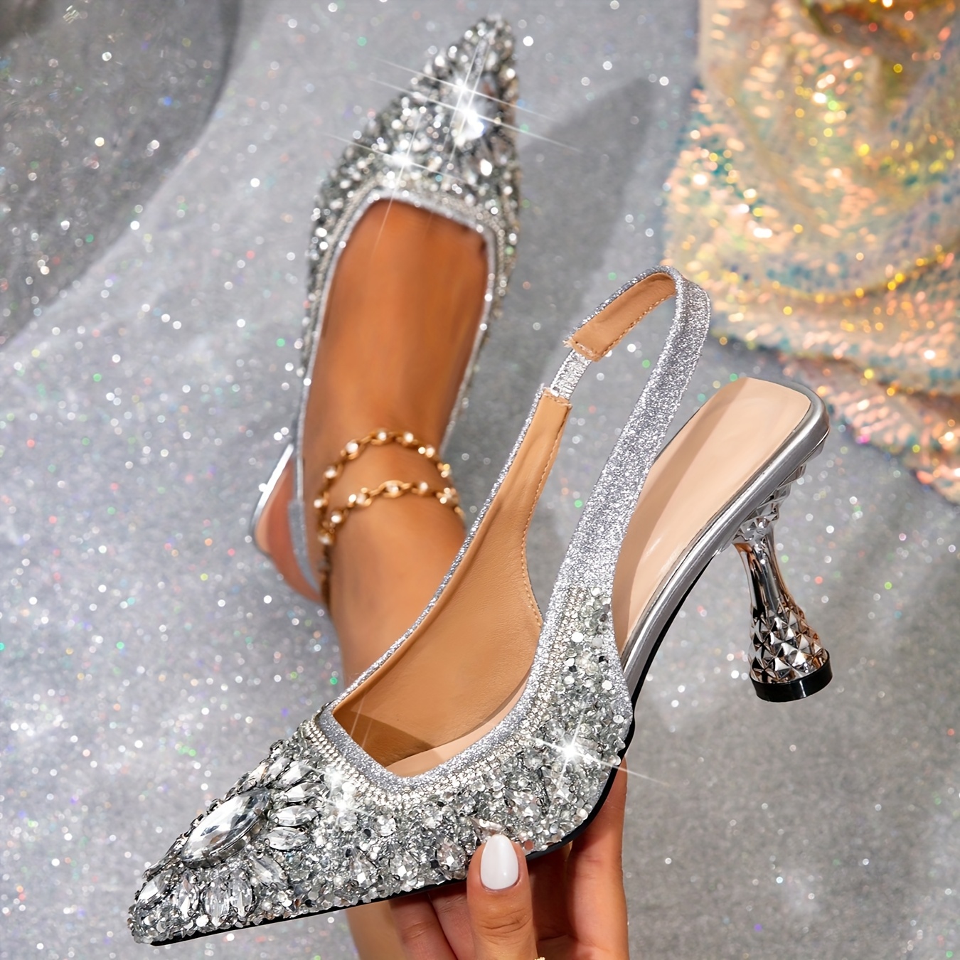 elegant womens pointed toe high heel sandals with sparkling   embellishments ankle strap solid color tpu sole synthetic upper   closure   fashionable high heels for date party wedding and festive events   sparkling embellishments synthetic upper high heel sandals Product details 0