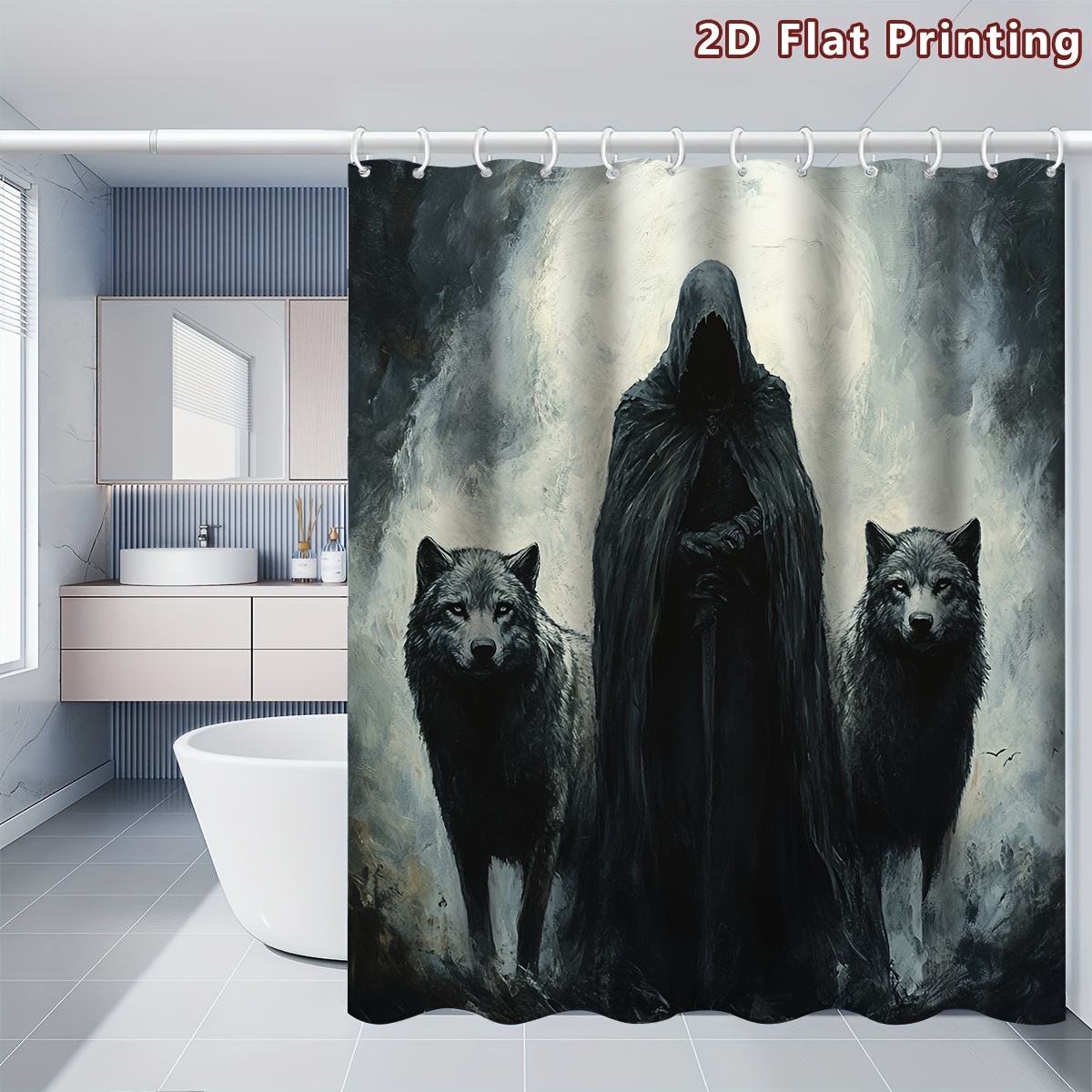 TEMU 2d Flat, 2d Flat, 1pc 2d Flat Dark Hooded Figure With Wolves Shower Curtain, Bathroom Decor, Options (80x180cm, 120x180cm, 150x180cm, 180x180cm,