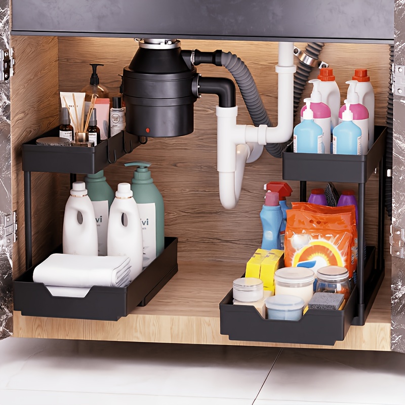 TEMU 2pcs Under-sink Storage Rack Set. -shaped Design Fits Perfectly Under The Sink. This Two-tier Sliding Storage Rack Is Ideal For Organizing The