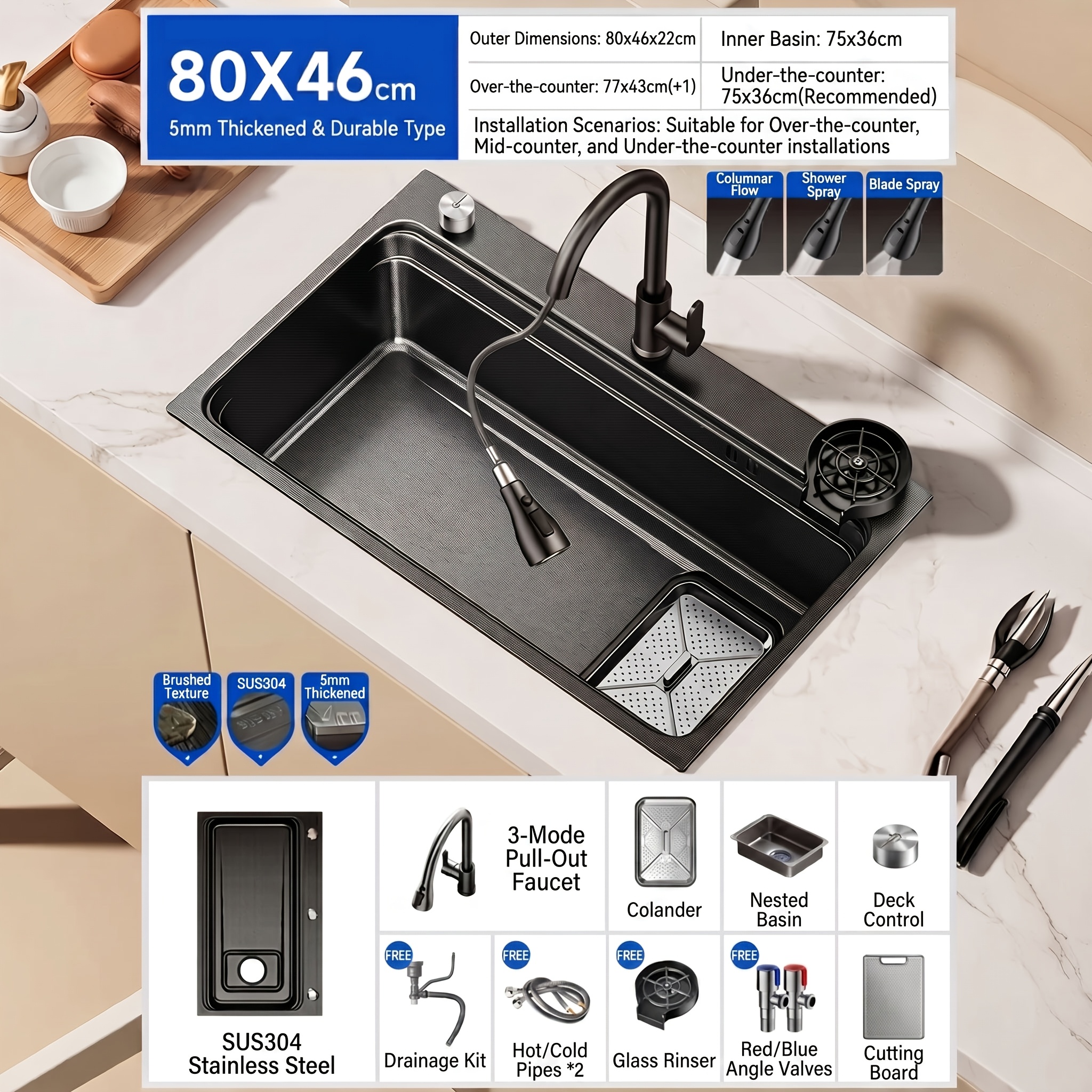 80x45cm Stainless Steel Kitchen Sink, Large Single Bowl, With Full Set Of Additions Including Cutting Board, Drainage System, Cup Washer, Suitable For Kitchens And Bars