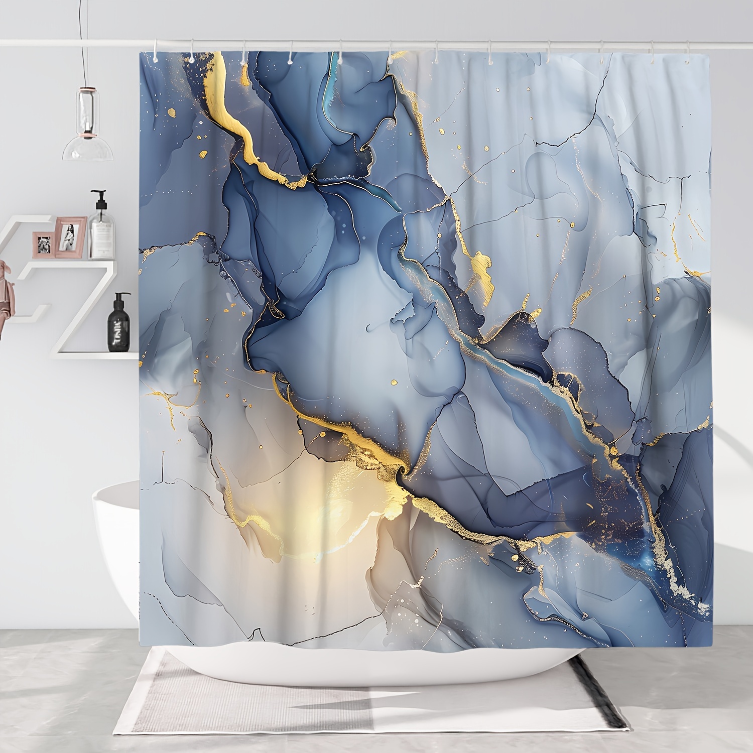 

1pc Modern Abstract Shower Curtain With 12 Hooks, 180x180cm, Water-resistant, Polyester Fabric, Blue-gray Marble Pattern