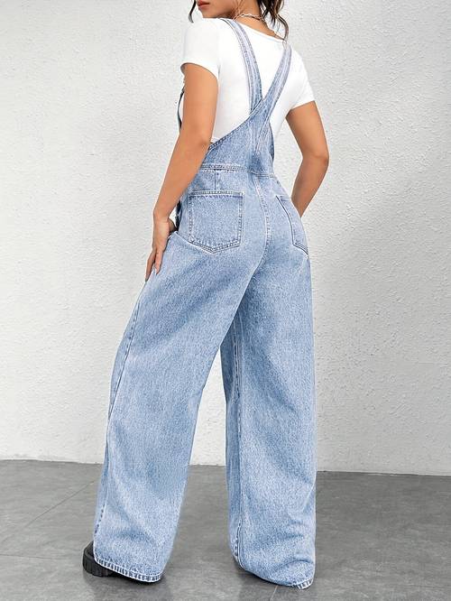 womens elegant solid color denim jumpsuit high waisted button up wide leg white crop top casual workwear versatile casual workwear jumpsuit wide leg jumpsuit jumpsuit