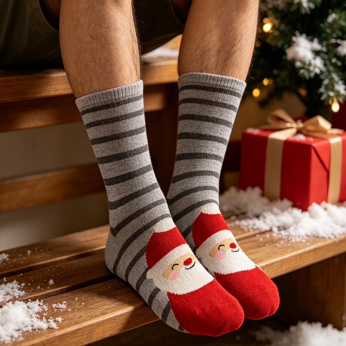 TEMU 1 Pair Of Men's Mid-calf Striped Santa Claus Graphic Socks, Christmas