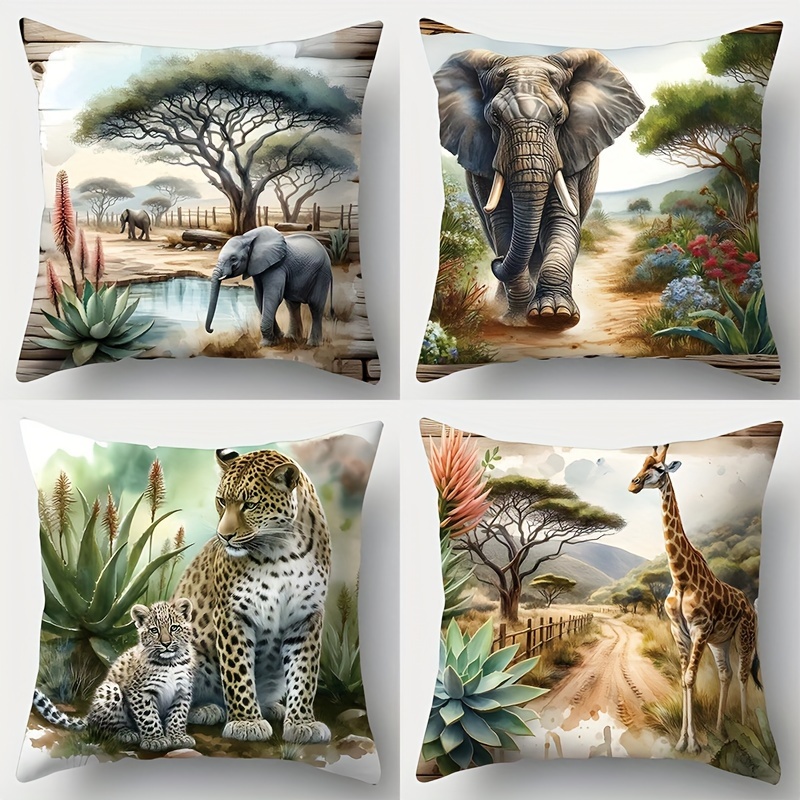 

4pcs Set Of African Animal Throw Pillow Covers, Elephant, , Giraffe, Suitable For Living Room And Bedroom Sofa Decoration, Made Of Polyester Fiber, Single-sided Printing Without Pillow Core