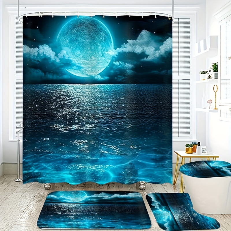 

4-piece Moonlit Ocean Bath Set: Full Moon, Clouds, And Starry Night Sky - Includes 12 Free Hooks - Durable Polyester Fabric - Suitable For Bathroom Decor