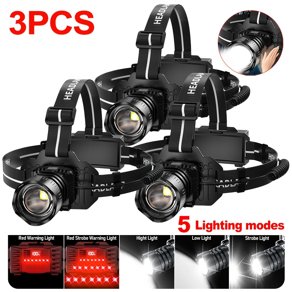 TEMU 3pcs Led Induction Headlamp, Type-c Rechargeable 5 Lighting Camping Headlamp With Red Light, 90° Adjustable Headlamp, For Camping, Hunting,