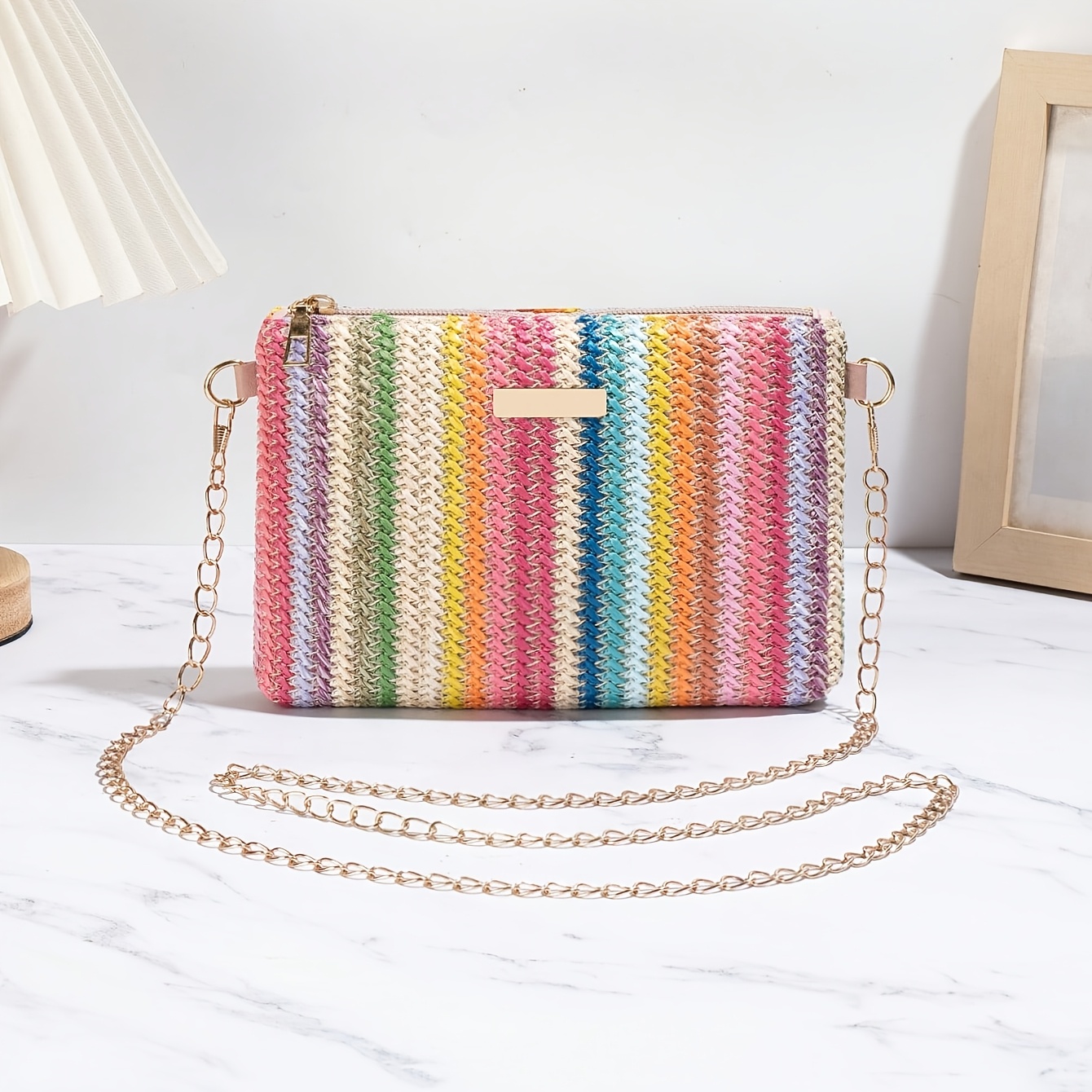 Image of Summer Rainbow Woven, Clutch, Shoulder Bag Crossbody Multi-functional Fashion Women' Summer New Women's Shoulder Bag Chain Straw Woven Crossbody Bag