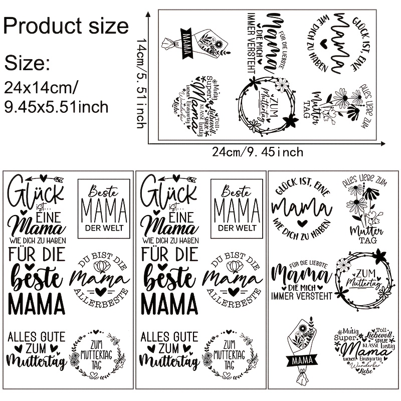 E-shop 4 Stück/Set Deutsches Muttertagsdesign UV DTF Tassen Transferpapier für Becher Glasflaschen, 16 Oz Becher, Wasserdicht Selbstklebend -