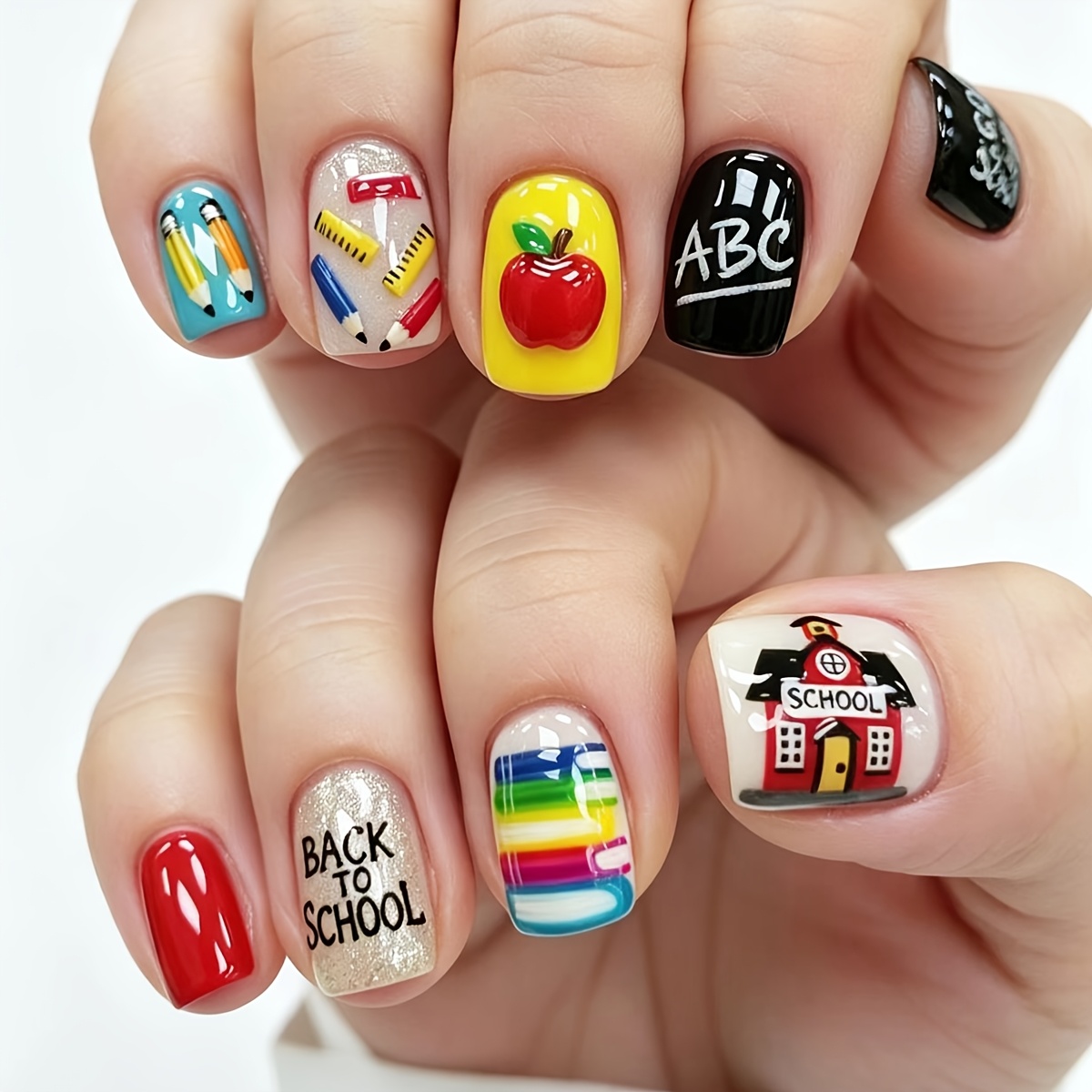 TEMU 24pcs Short Press-on Nails Suitable For School, Parties & Vacations - Red & School-themed Fake Nails With Letters, Stripes, Glossy, Square Short
