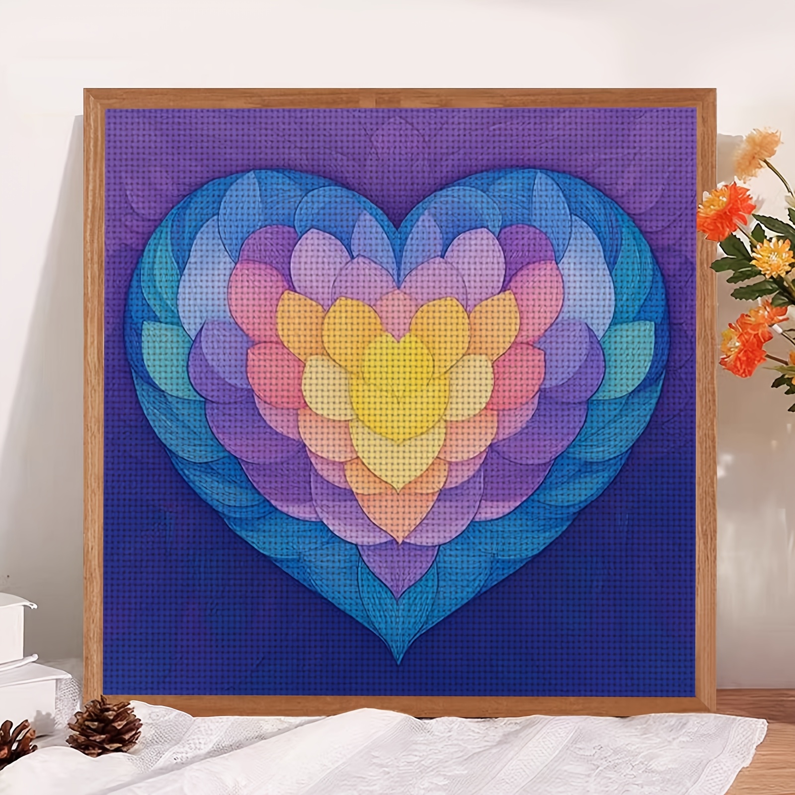 Cross-Stitch Printing Kit, Colorful Heart Petal Pattern for Beginners