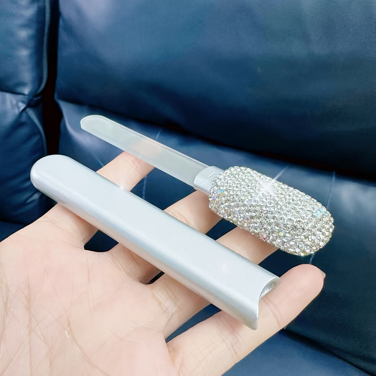 TEMU 핸드메이드 클레이 네일 파일 라인스톤 상감 네일 도구 은색 네일 파일 살롱 등급 뷰티 추가