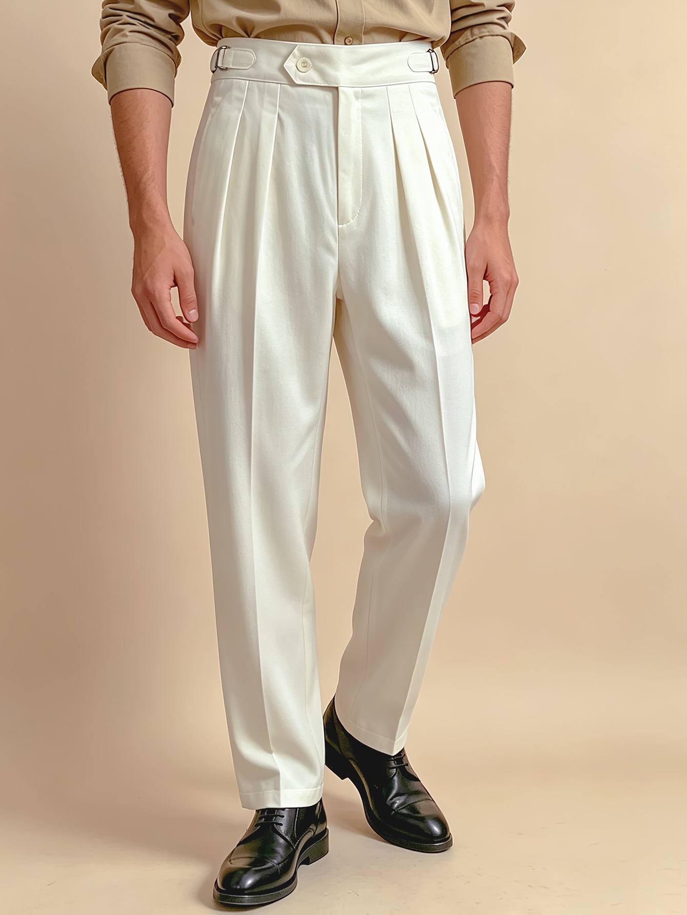 New Pure Comfortable Elegant Business Casual Italian Naples Commuter Straight Trousers Solid Color Woven Button Double-Sided Paris Button Men'S Dress Pants Suit Trousers, Daily Fashion Wear Work Office All-Season Men'S Clothing Spring Autumn