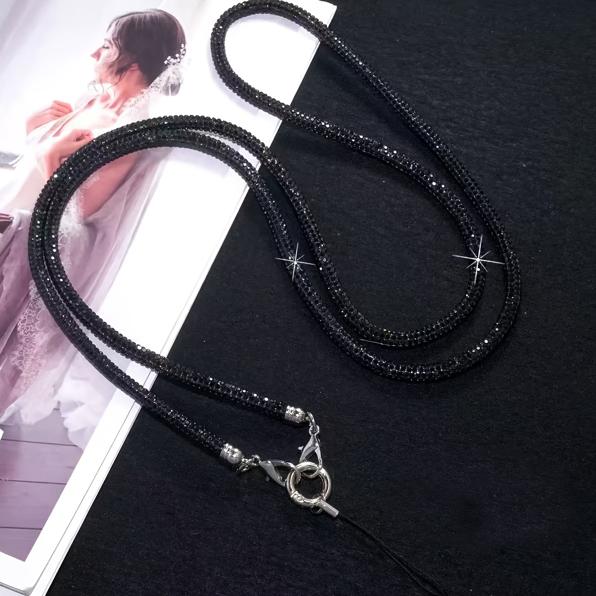 Image of Luxury High-end Full Diamond Rope Tassel Hat Lobster Diamond Rope Phone Crossbody Chain Light Phone Case Hanging Rope Sparkling Double Women' Shoulder Strap Replacement Strap