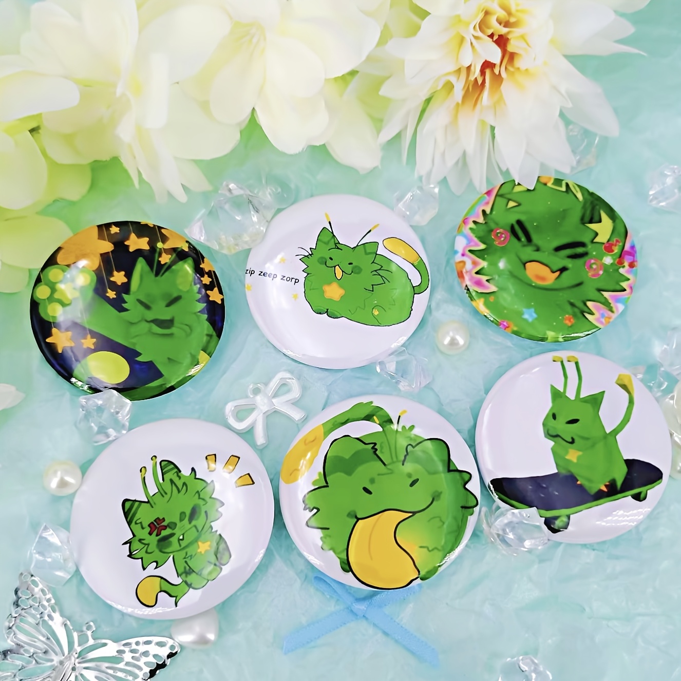 Image of 2d Flat, 6 Green Cat Fun Pins(2d Flat), Suitable For Collection, Clothing, Hats, Backpacks- Fashionable Accessories For , , And Colleagues- Creative And Affordable Gifts, 2d Flat