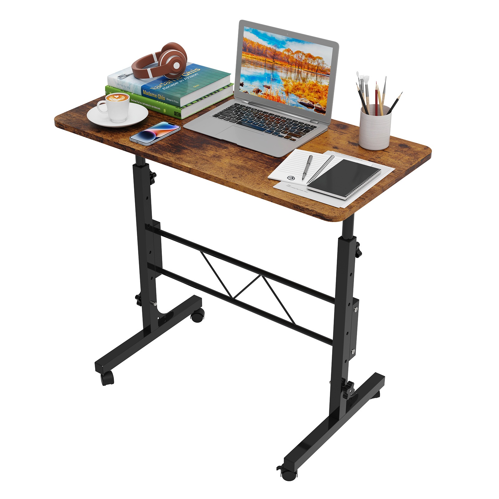 Adjustable Height Movable Bed Table 80x40cm - Rustic Brown Tabletop With Black Metal Legs, Suitable For Beds And Sofas (height Adjustable From 74-110cm), Apartment Space.
