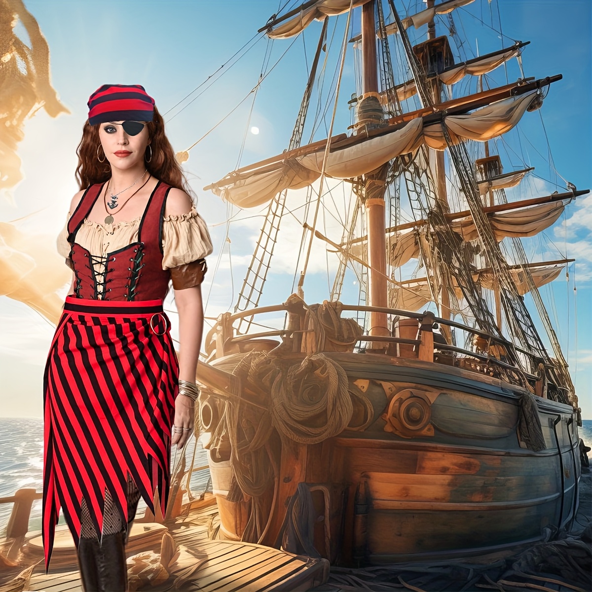 Bijoux Pirate Bandeau Costume Pirate Femme - Bandeau, Ceinture, Cache-œil, Bijoux (7 Pièces) Déguisement Fête Pirate