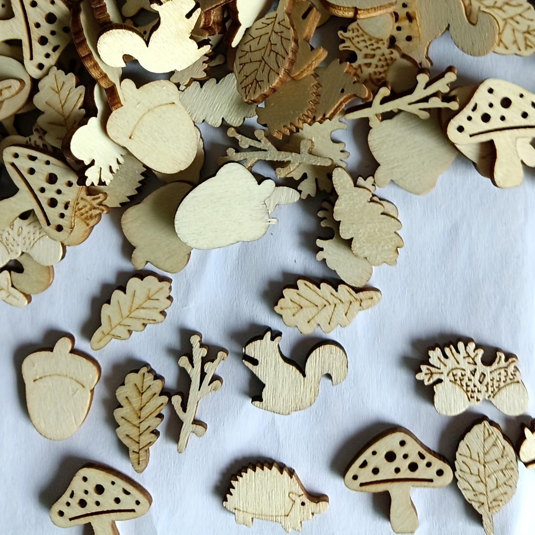 100pcs Of Mixed Packaging Wooden Decoration, Leaf Mushroom Squirrel Shape Wooden Paper-cut Diy Crafts Graffiti Home Decoration