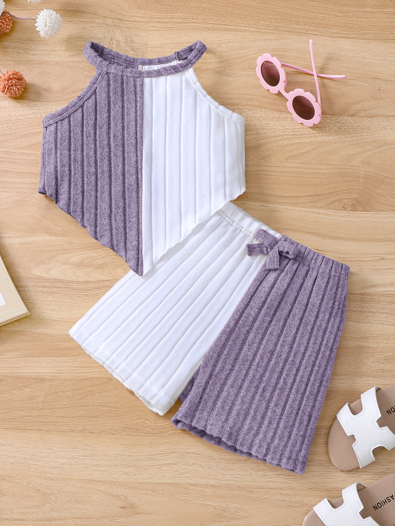 Girls 2pcs Summer Outfit Set, Knitted Polyester & Elastane, Solid Color Halter Neck Top with Bow Detail & Matching Shorts, Casual Fit for Playtime & Outings, for Outdoor