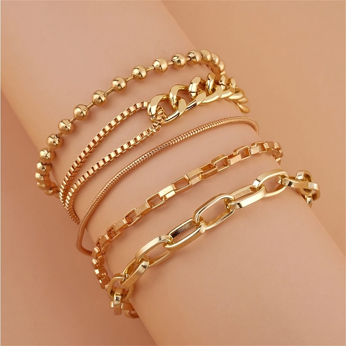conjunto de 5 pulseras elegantes en dorado - diseños modernos y americanos, artesanía de hierro con estilos de cadena variados para casual, pulseras 1
