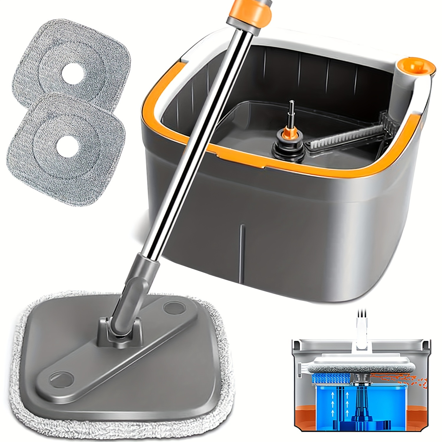 

Spin Mop And Bucket, Mop And Bucket With Wringer Set For Home Cleaning Mops With Separate Dirty And Clean Water Wet And Dry Mop For Floors (square Spin Mop, 2 Washable Microfiber Mop Pads)