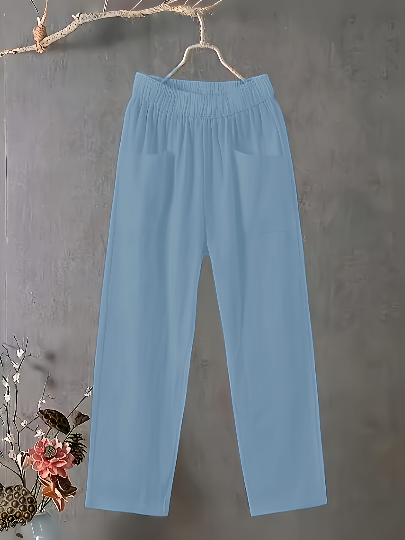 Women's Plus Size Lightweight Straight-Leg Pants - Casual White Harem Style, Elastic Waistband, Polyester, Machine Washable for Spring/Summer/Fall