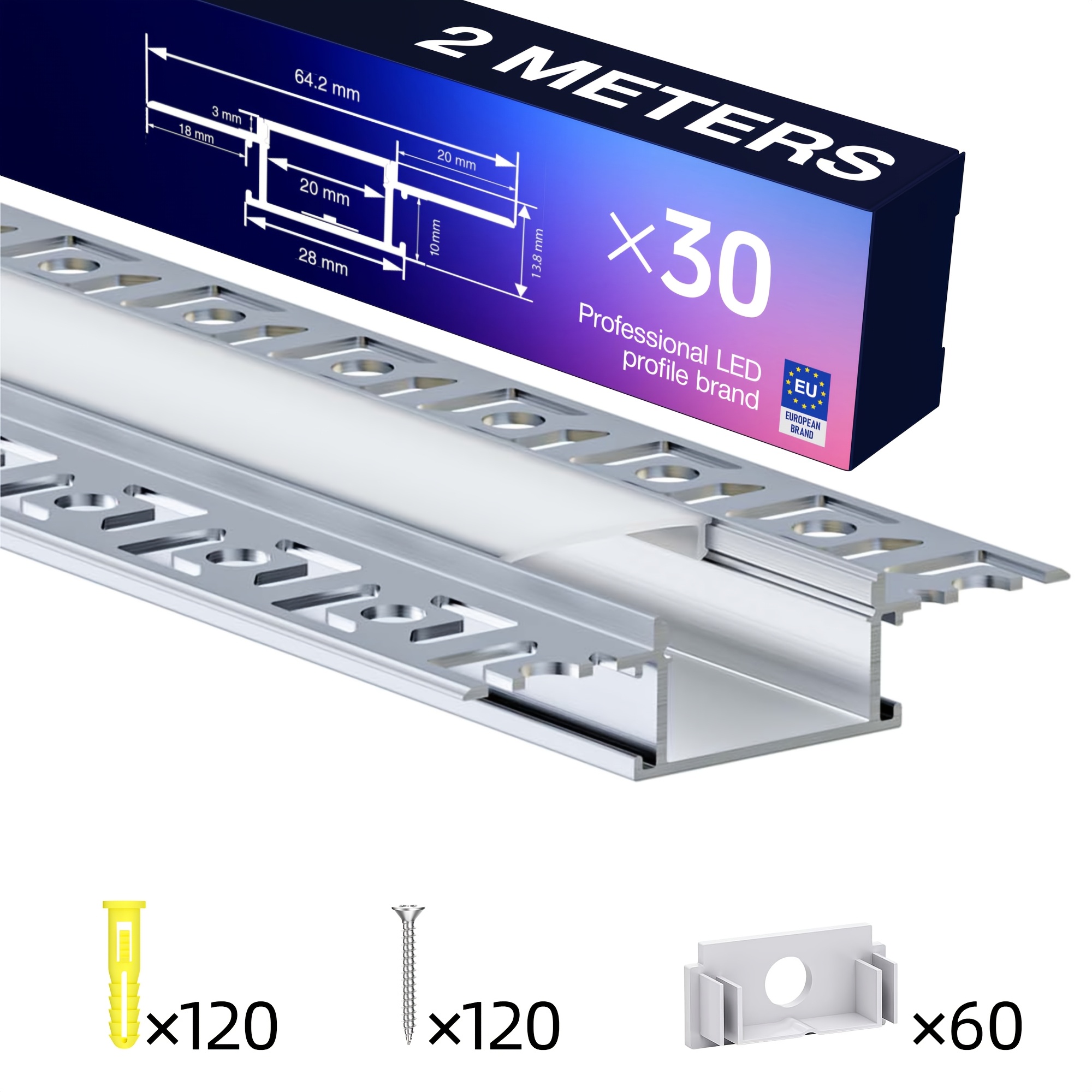 A 2-meter Long Led Drywall Profile Designed For Led Track, Featuring Rail. The Profile Measures 28 Mm (including A 64.2 Mm ) .8 Mm And Can Mm Wide Led Strip