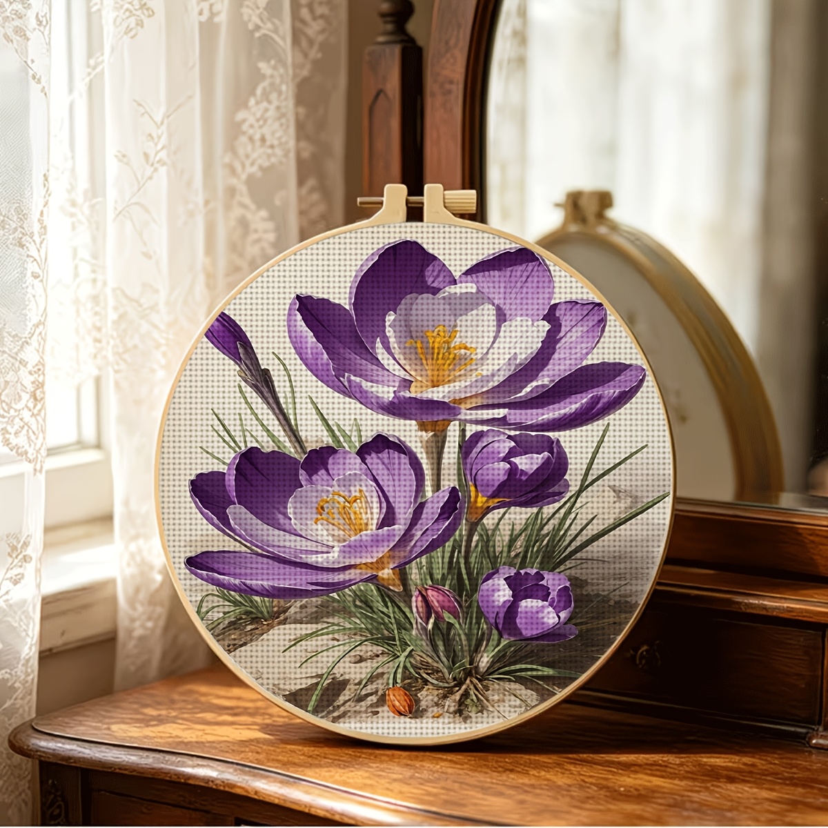 11CT Printed Fabric Cross Stitch Kit, Purple Flowers Blooming