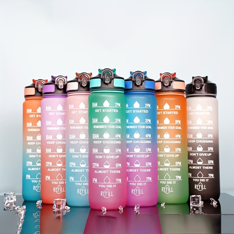 1pc 1000ml/33.81oz Simple Large Capacity Plastic Water Bottle, Fashion Gradient Color Water Cup With Scale And Straw, Frosted Drinking Cup For Outdoor Sports, Fitness