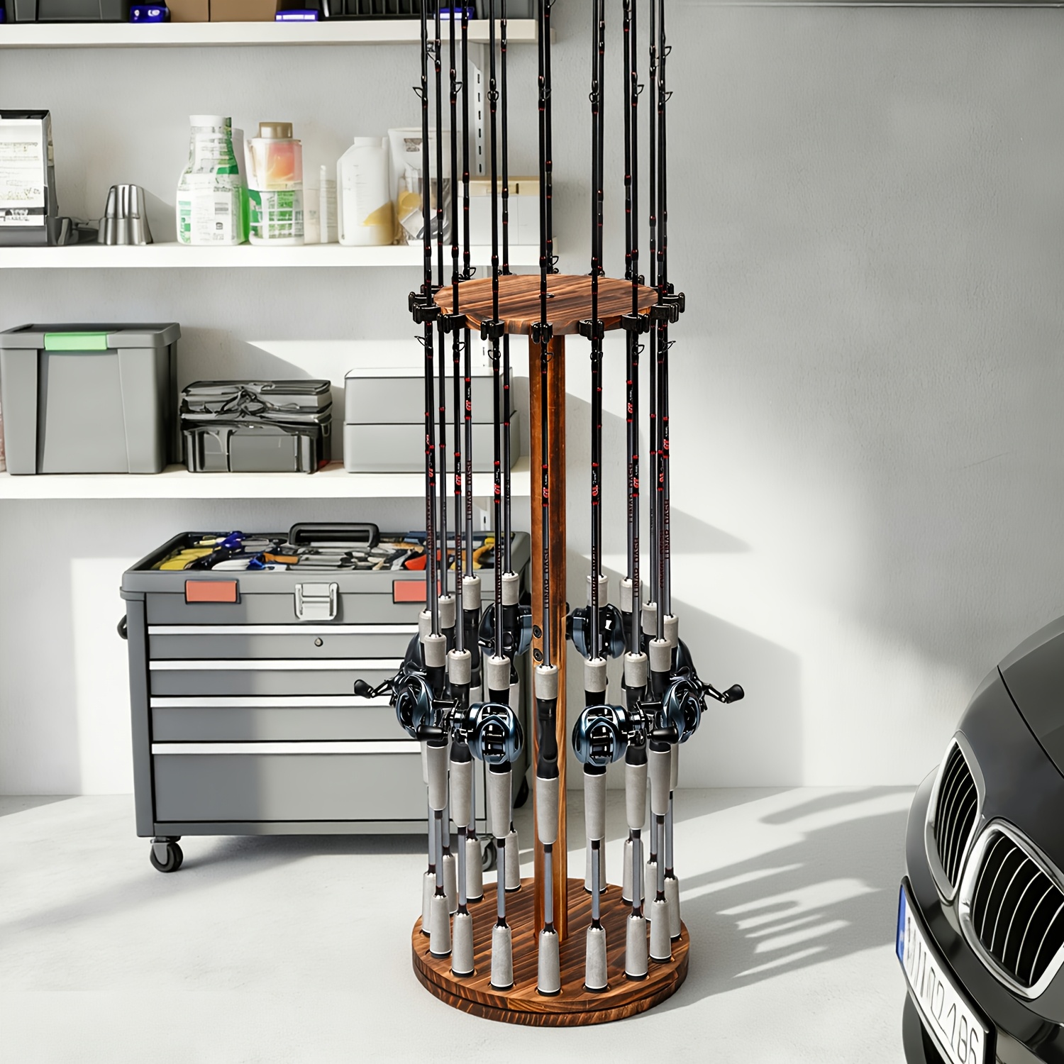 circle rod fishing pole 360° Rotating Circular Wooden Fishing Rod Pole Rack, New Style * to 16 Rods