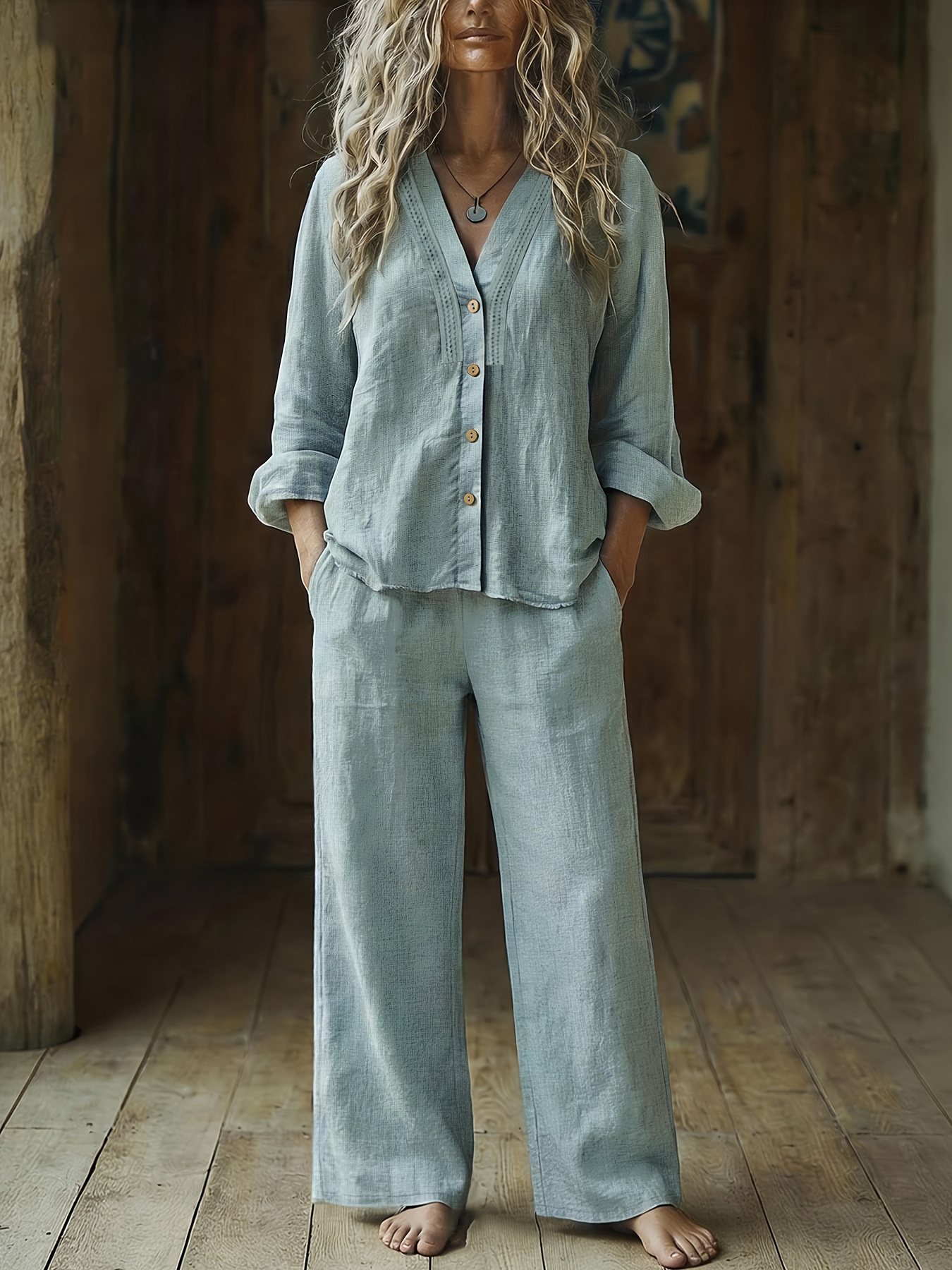 womens summer solid color hollow out 2pcs casual elegant easy versatile loose fit shirt and pants for women