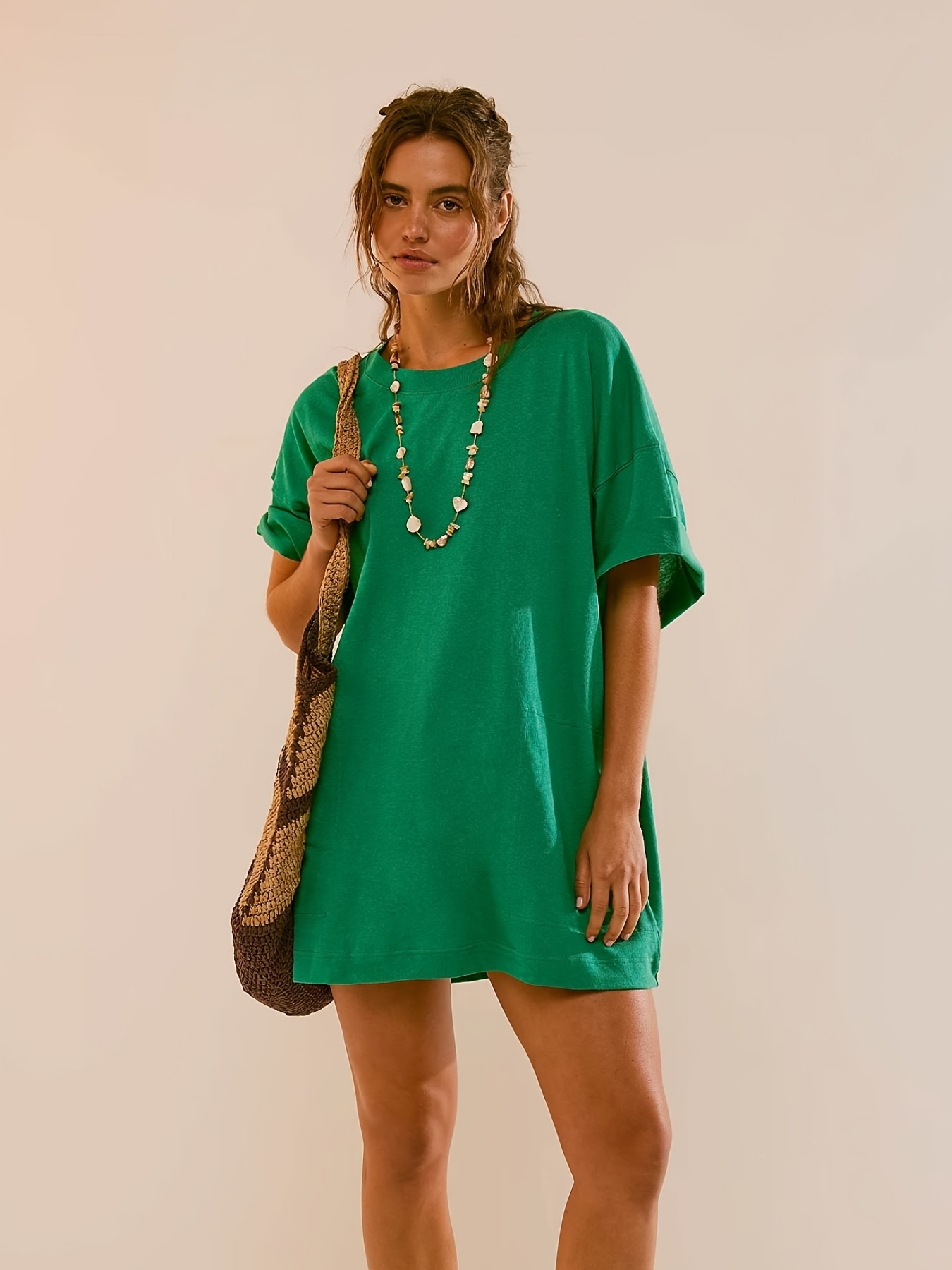 open lace back dress Green Oversized Round Neck T-Shirt Dress main image 0