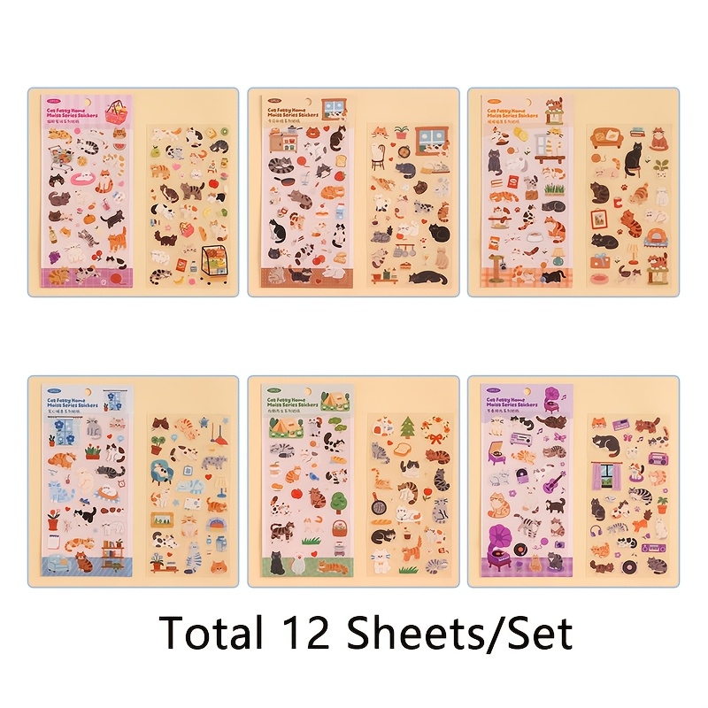TEMU 12sheets Cute Life Theme Stickers, Pre-cut Transparent Pet Material Decals, Lovely Cat Series Scrapbook Stickers For Journal Scrapbooking