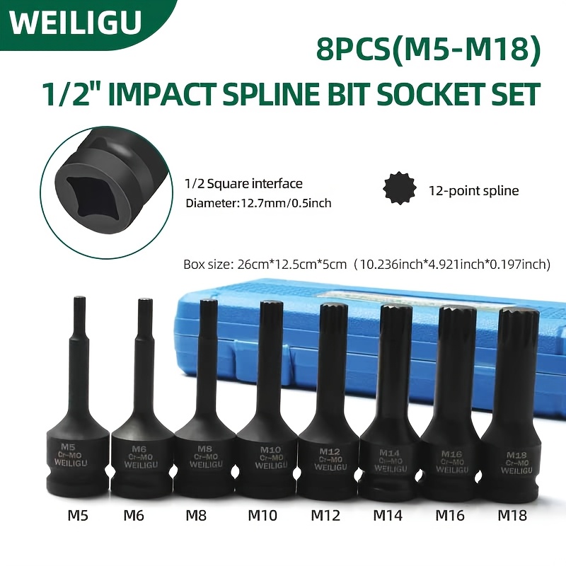 TEMU Of 8pcs Set 1/2 Inch 12-point Socket Bit M5 M6 M8 M10 M12 M14 M16 M18 Set, Used Auto Repair 12-point Nut Removal Tool