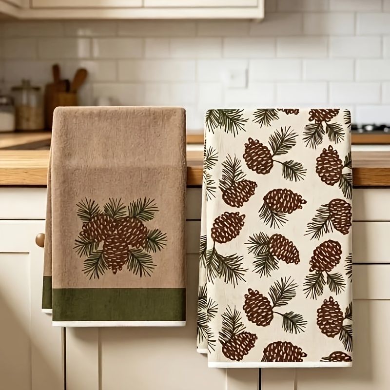 TEMU Set Of 2 Autumn Vintage And Pine Branch Contrast-color Christmas Kitchen Towels, Size 16 X 24 Inches, Fall/winter Pine Branch Print Napkins,