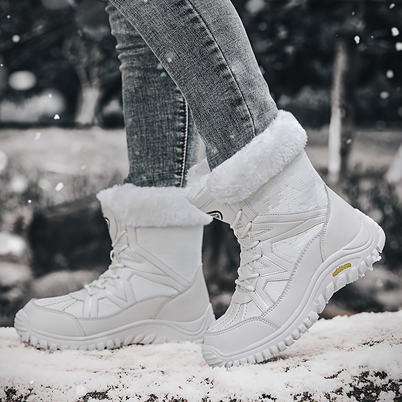 Botas de Nieve para Mujer Invierno Forradas con Piel Sintética y  Antiviento, Botas Altas Antideslizantes con Cordones, Blancas con Detalles D