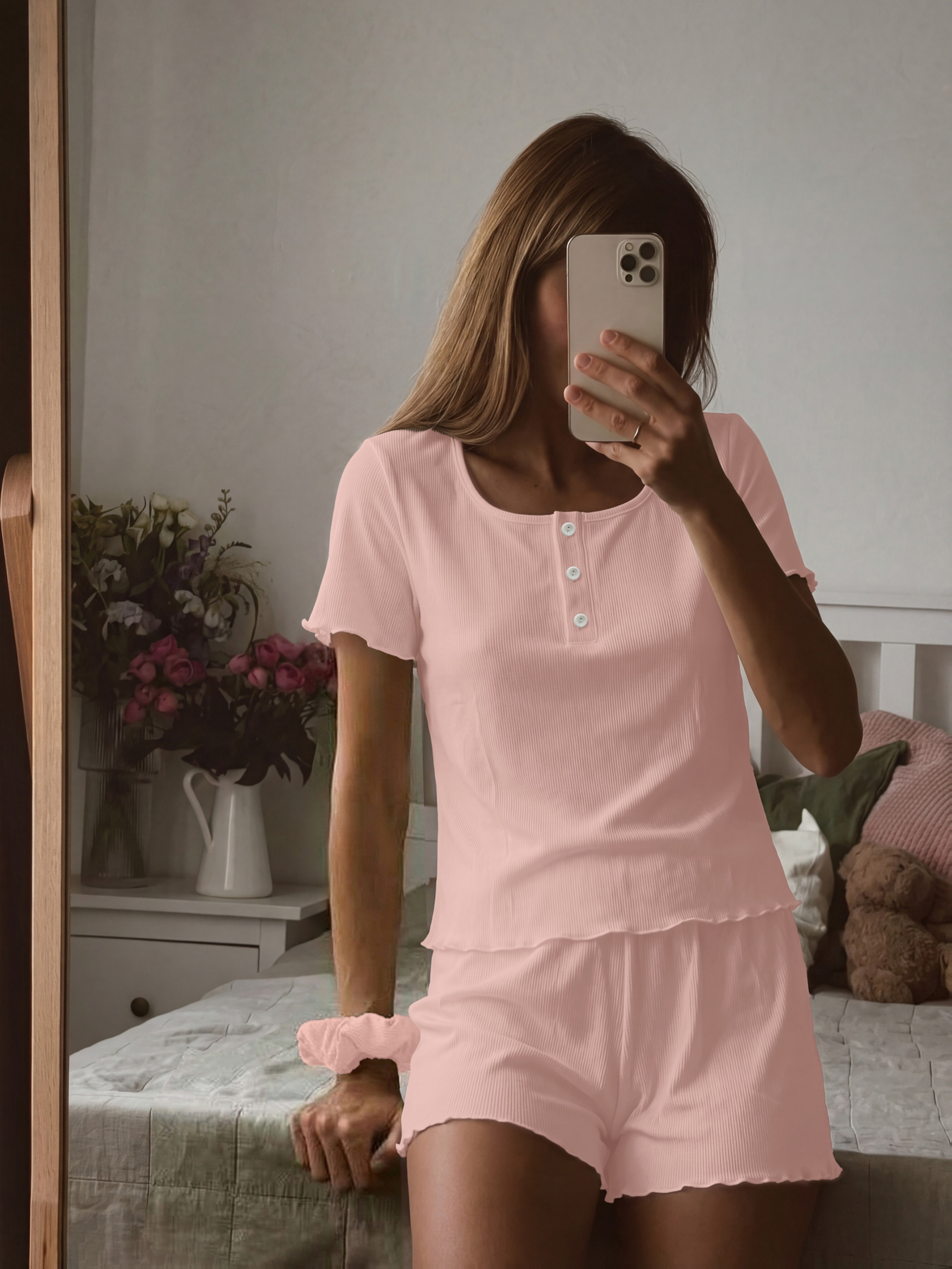 damen pyjama set, bequemer einfarbiger nackenbereich mit offener knopfleiste, kurzarm + shorts + haargummi, homewear set