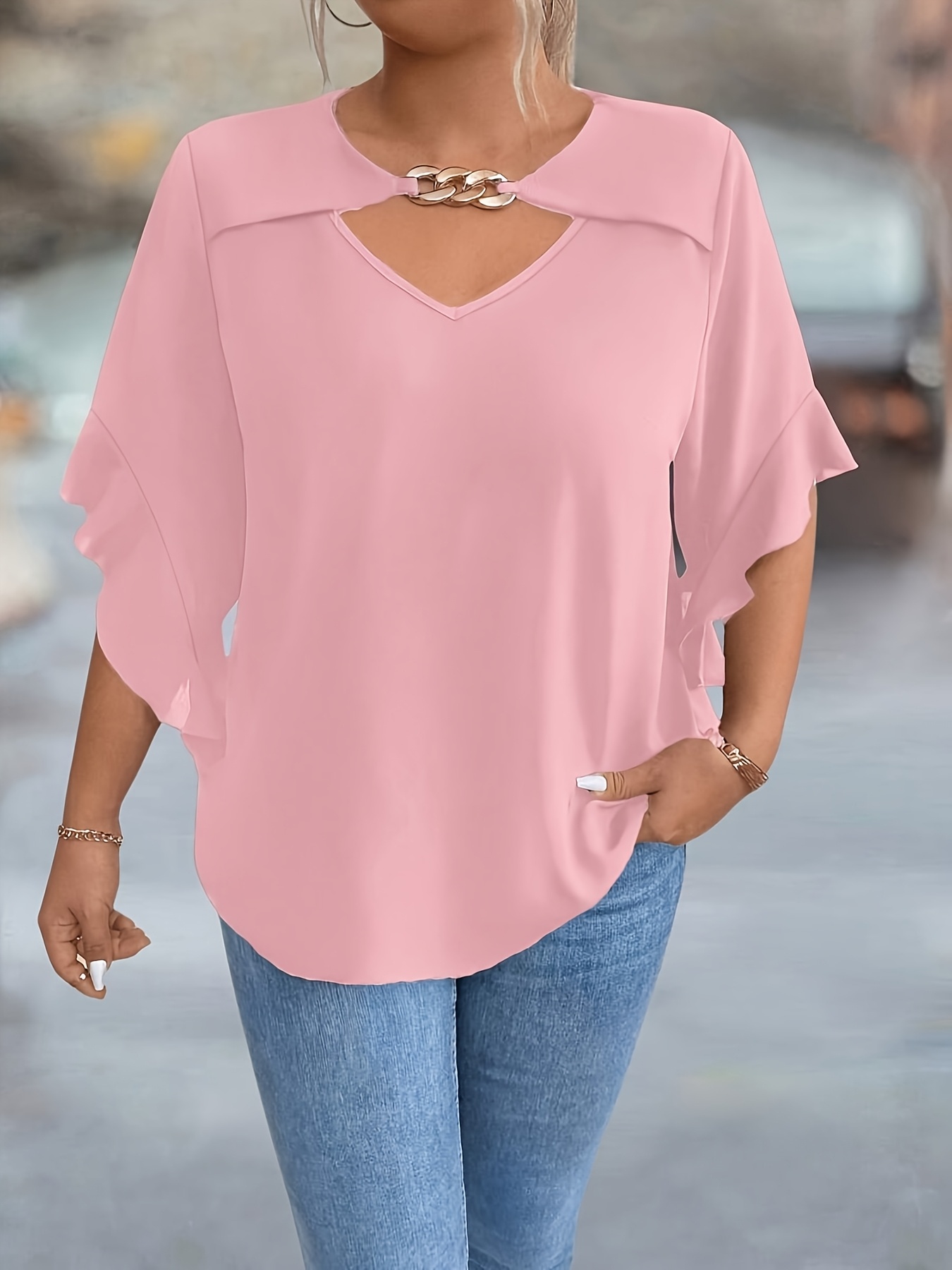 Women'S Plus Size V-Neck Blouse - Soft Pink, Ruffled Sleeves, Casual Summer Top with Golden Chain Detail, Casual Wear|Ruffled Sleeve Top|Vneckline Top