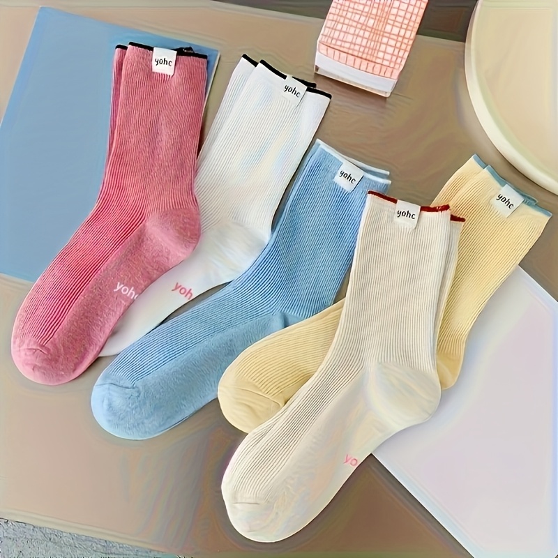 E-shop 5 Paar Socken im schlichten Stil mit vielseitigem -Stoffetikett, einfarbig, bequeme Wadenhohe Socken