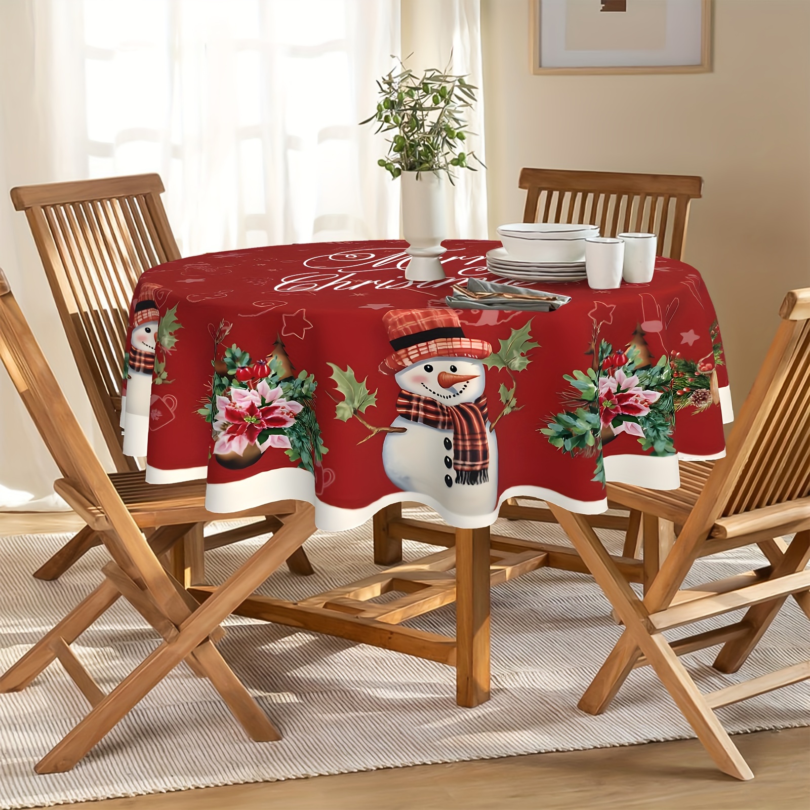 TEMU Christmas Tablecloth: 1pc, , Round, -, , Christmas Snowman, , Poinsettias, And Bells , Suitable For Home, Kitchen, Restaurant, , And Gift