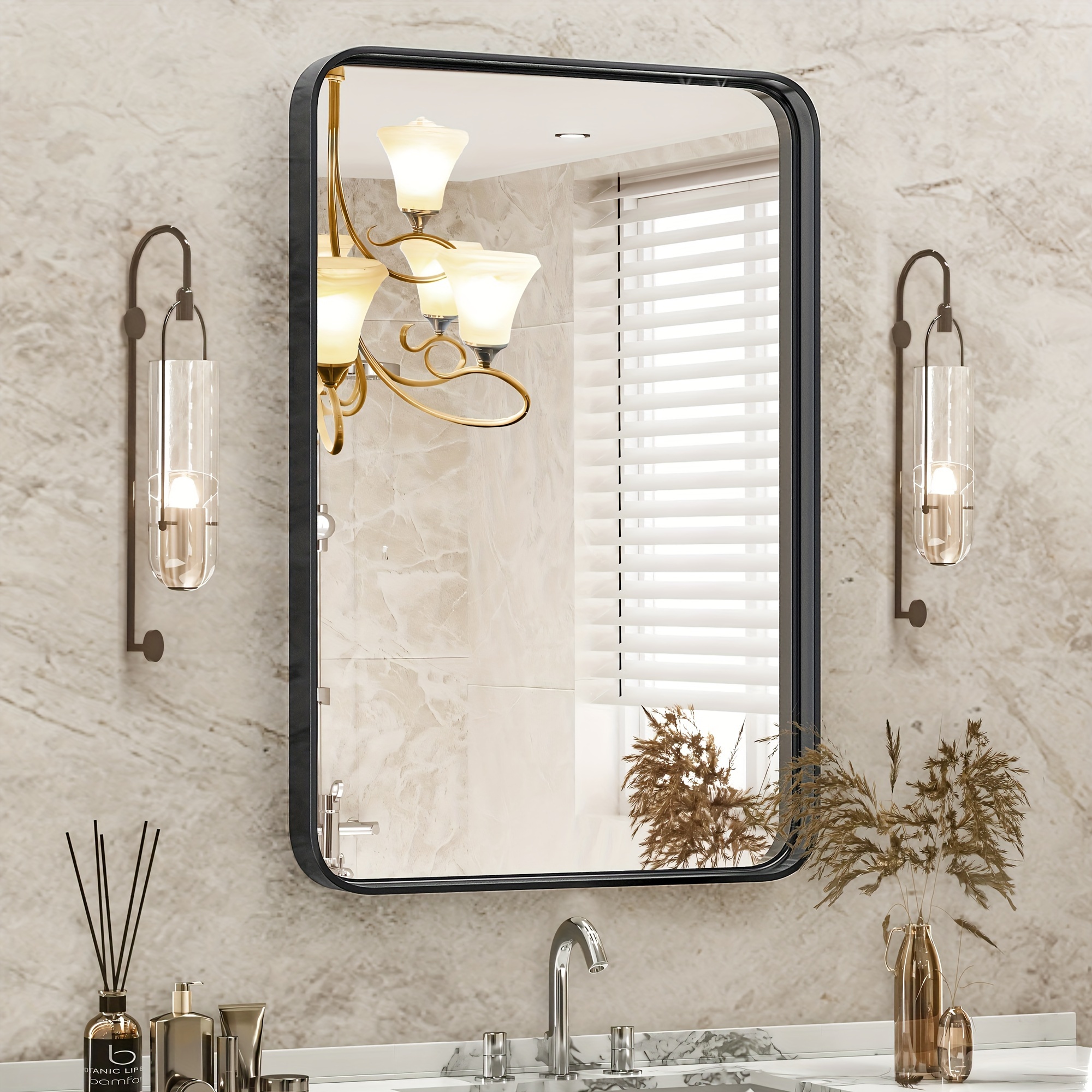 

Bathroom Mirror Wall Mirror For Hotel Bathroom Black Metal Framed Rounded Corner Rectangle Vanity Mirror, Large Mirrors For Wall, Anti-rust, Tempered Glass, Hangs Horizontally Or Vertically