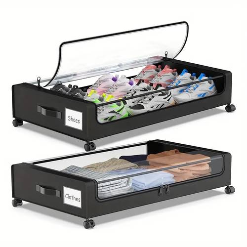 under bed storage with wheels lid rolling metal frame underbed containers clear window storage bag box organization home bedroom organizer drawer bin for clothes shoes blankets bedding thick fabric black under bed storage