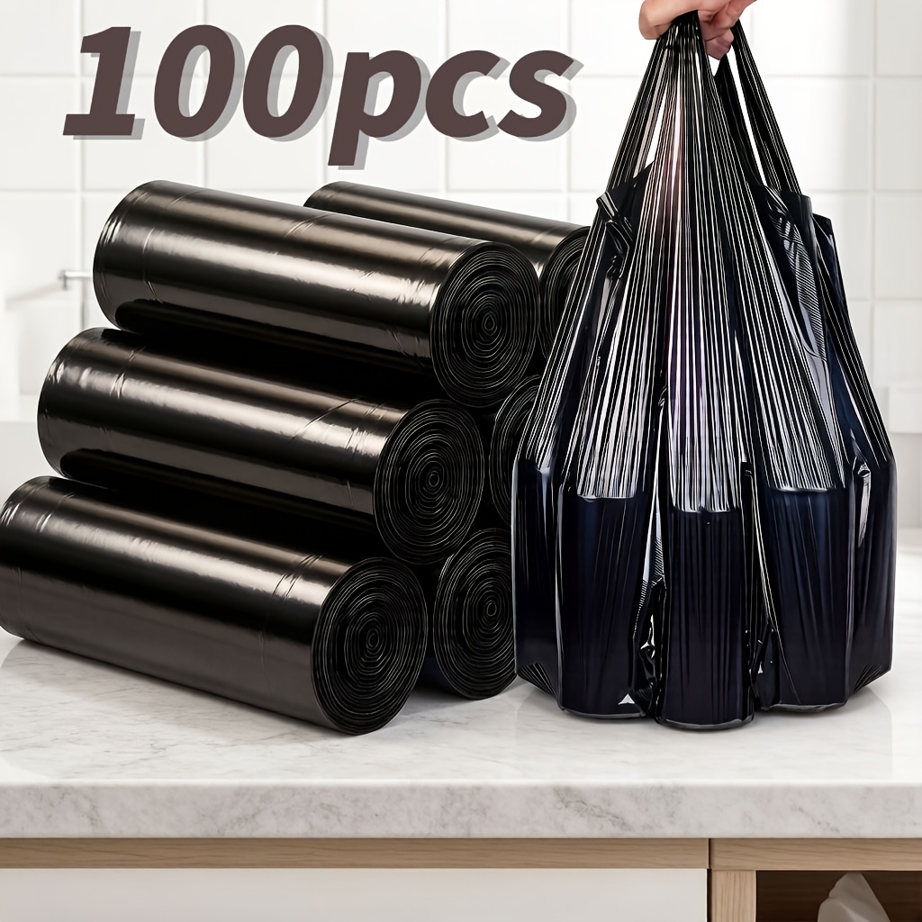 Image of 5 Rolls Of Vest-style Garbage Bags, Thickened Handles, Suitable For Home, Office, Car, And Pet Use. Cleaning Bags