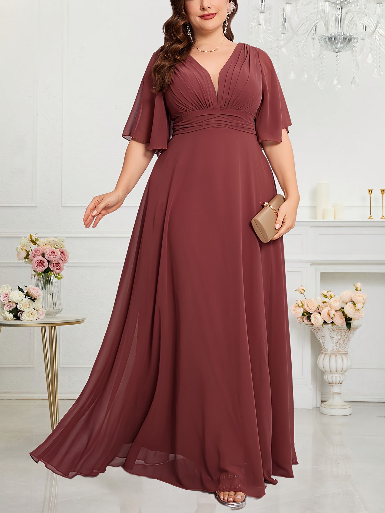Plus Size V-Neck Bell Sleeve Bridesmaid Dress with Chest Ruching Flowy  Mermaid Skirt Elegant Solid Color Long Formal Dress for Weddings, Special  O