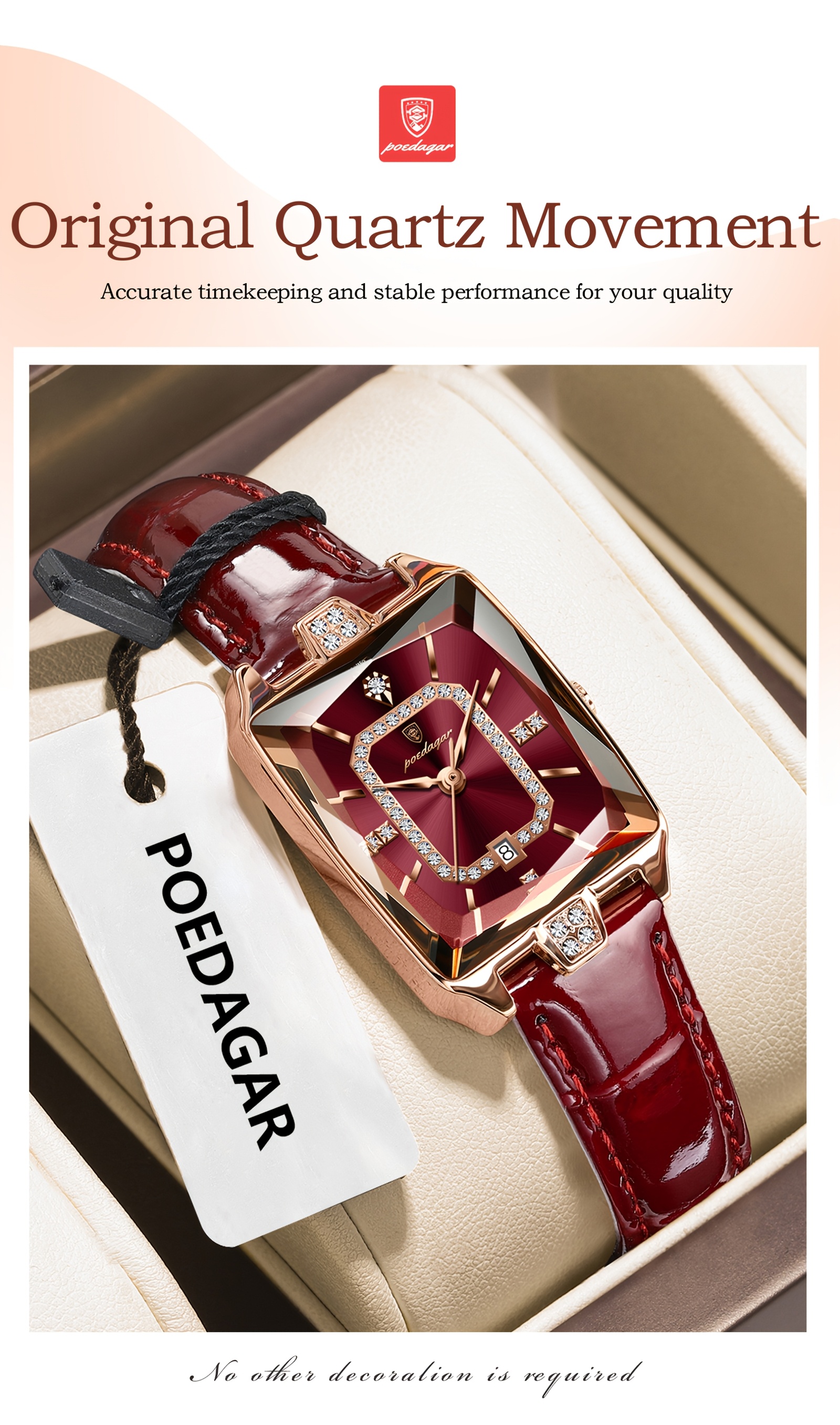 womens elegant watch   ladies wristwatch with burgundy dial square case quartz movement high quality up to 3atm 30m pu leather strap everyday formal jewelry like accessory for women stylish wristwear sophisticated     dial fashionable   fashion accessory chic wristwear durable   professional women Product details 5