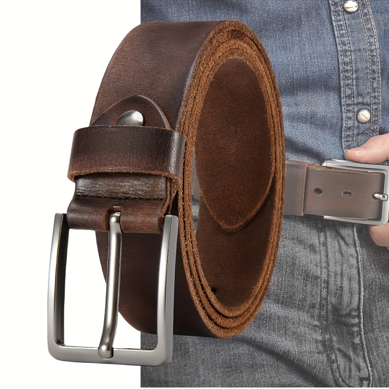 E-shop Herren Leder Gürtel mit Stegschnalle - Vollledergürtel - Retro Stil - Strapazierfähiger Echtledergürtel mit verstellbaren Schnallenlöchern,