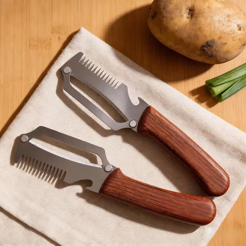 2pcs heavy duty stainless steel peeler and slicer with wooden like handles and reinforced blade design suitable for all types of fruits and vegetables multi functional peeling tool and vegetable slicer perfectly for household details 1