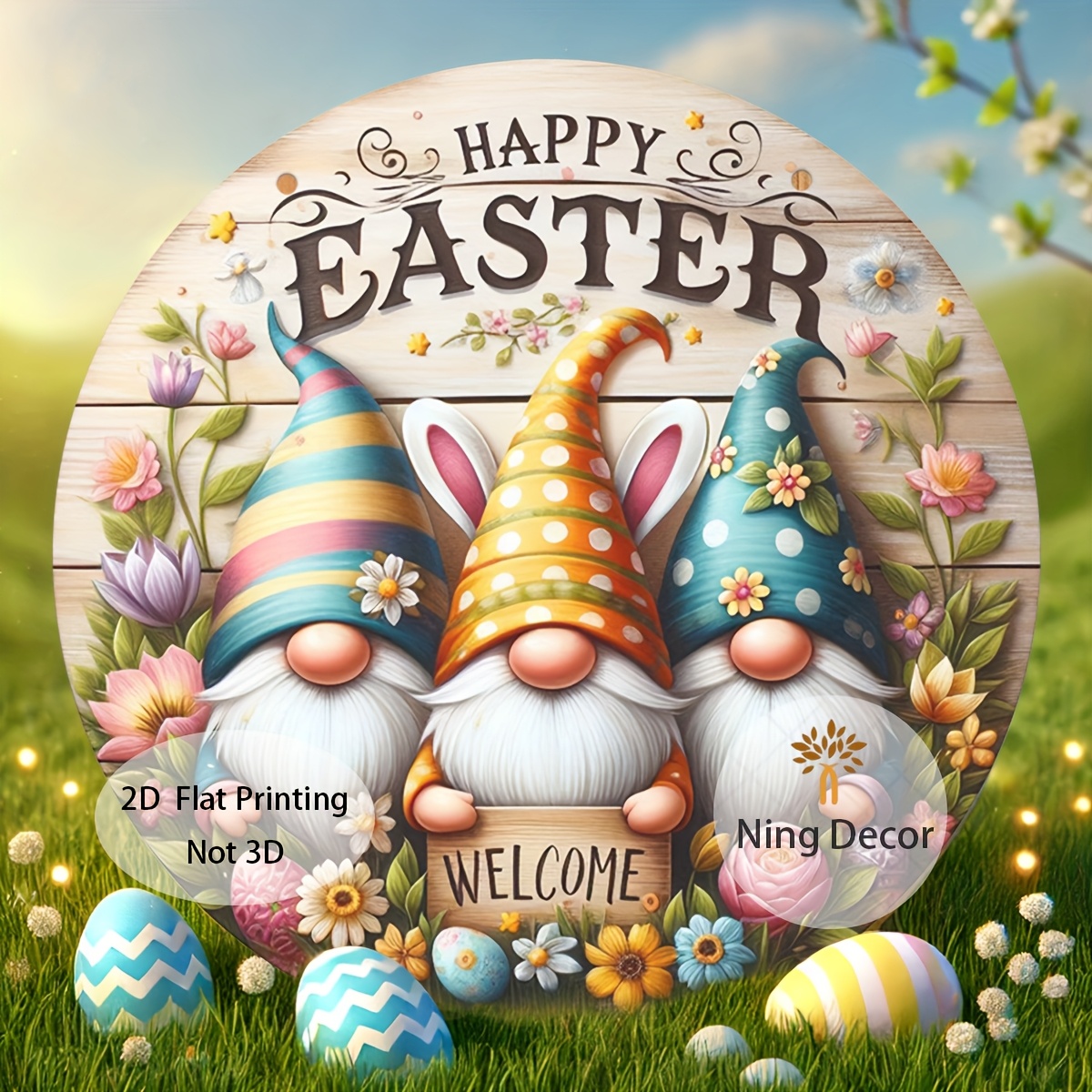 

1pc Easter Wooden Wreath Sign (7.87"x7.87") - Spring Wall Art With Gnomes & Bunny, "" Welcome Sign For Front Door, Ideal Housewarming Gift, Indoor/outdoor Decor For Porch, Garden, Home, Garden Decor