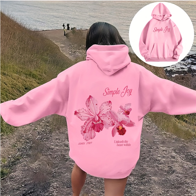 TEMU European Women's Floral Print Off Shoulder Sleeve Threaded Hoodie Hip-hop Fashion Sports Loose Hoodie Top
