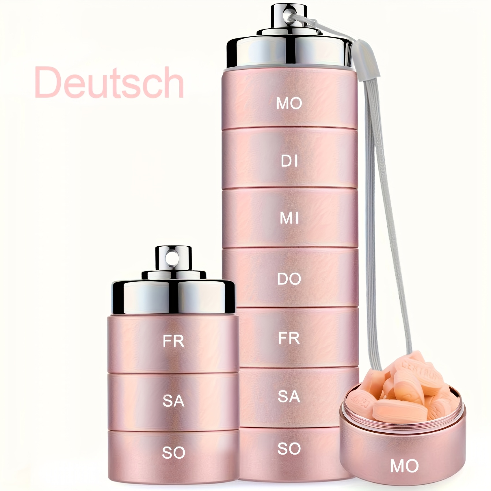 German Printing Pill Box 7 Days Large Compartments Portable Pill Box Metal For On The Go Medicine Box 7 Days Stackable Pill Box For Vitamin, Fish Oil